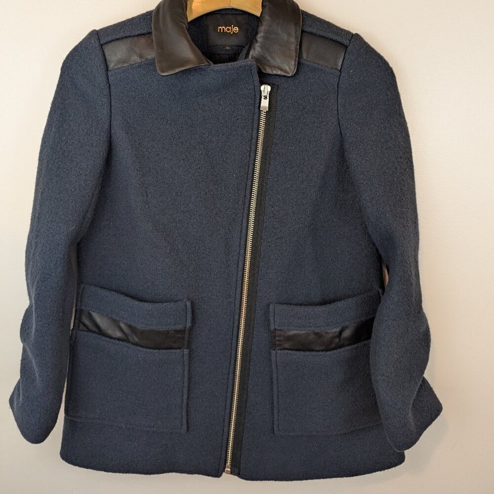 Luxury Maje Garvelle Wool Leather Asymmetrical Zip Coat, Sz EU 36 (US S)